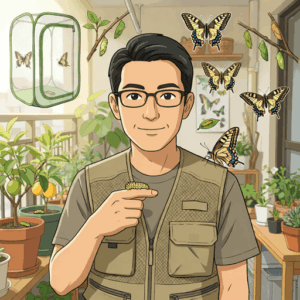 プロフィール画像_ベランダでアゲハに囲まれている男性